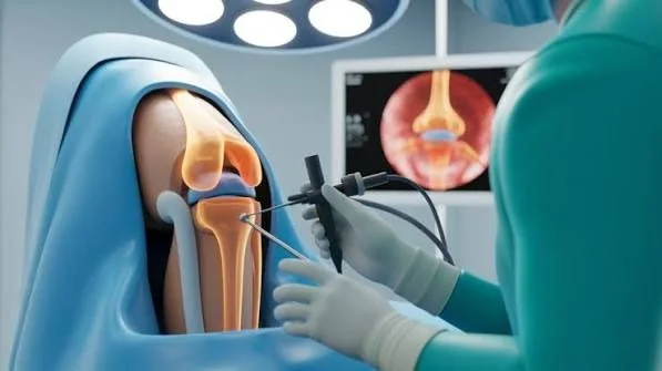 Orthopedic surgeon performing knee arthroscopy procedure on a patient's knee.